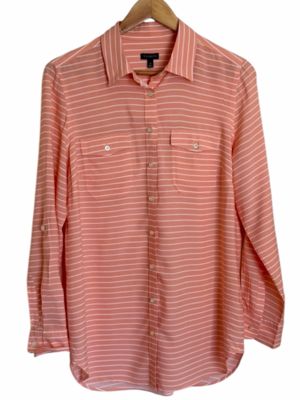 Talbots Coral and White Striped Button-Down Shirt. Size Medium